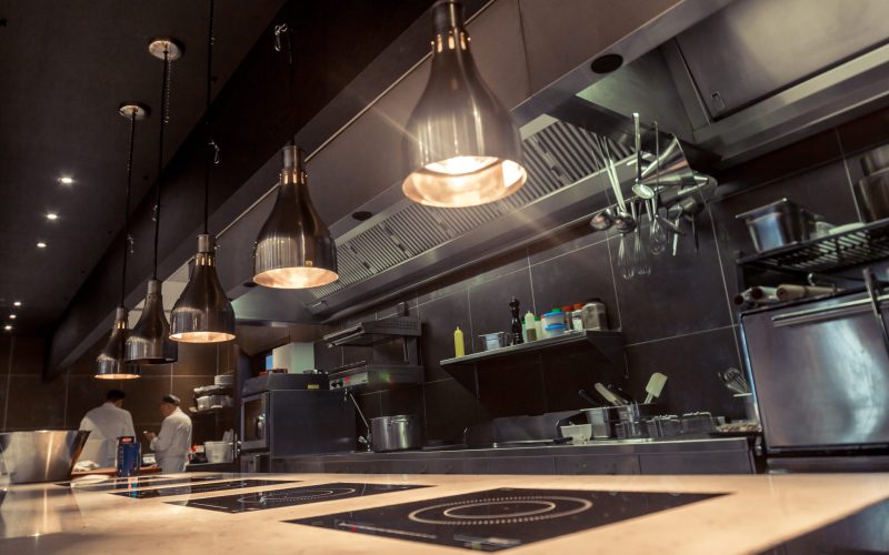 Professional,Kitchen,,,View,Counter,In,Stainless,Steel,.,Bokeh